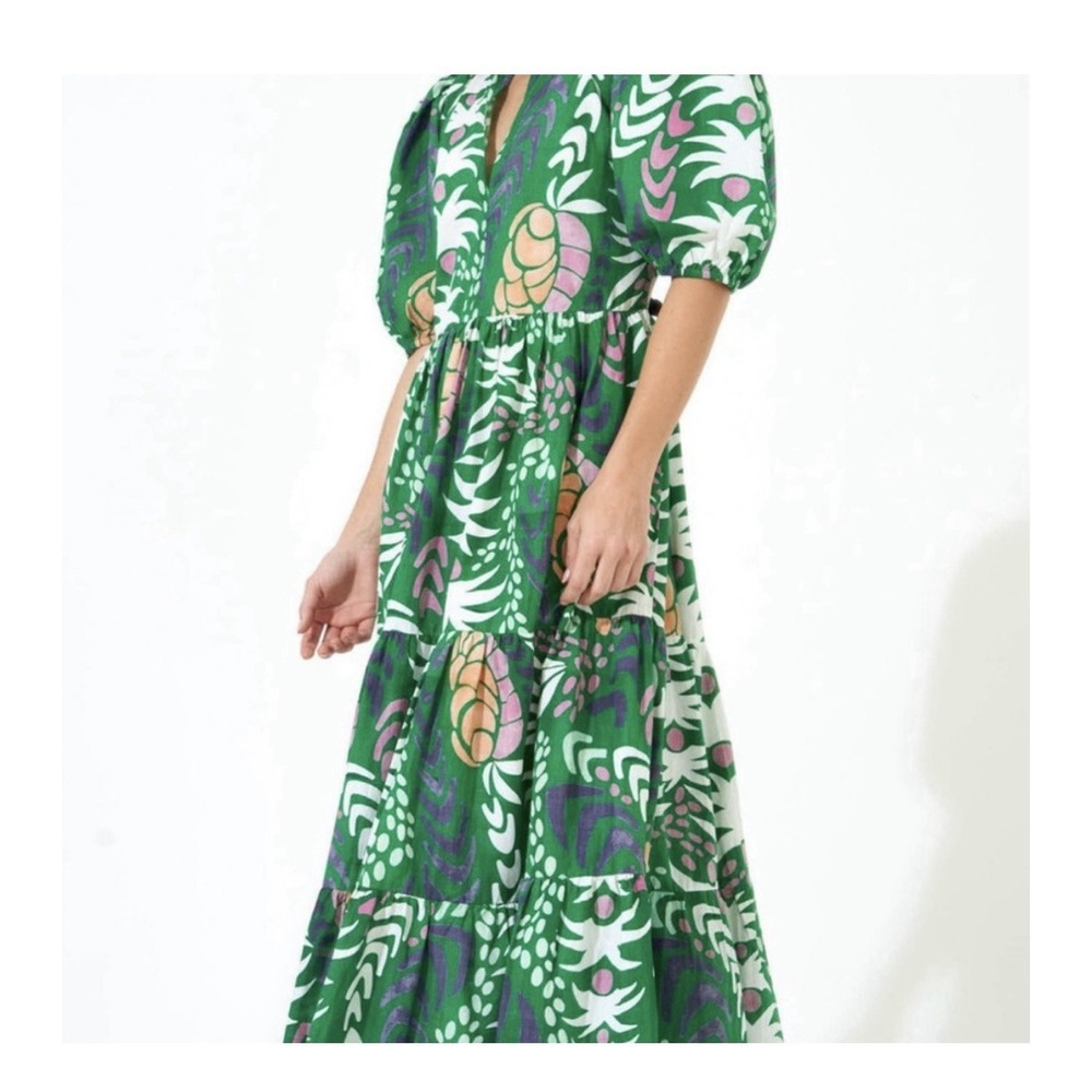 Oliphant Women's Puff Sleeve Maxi V-Neck, Grenadine Green Sz Small - Picture 2 of 11